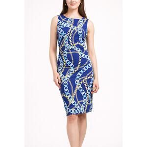 J McLaughlin Sheath Dress Womens Small Blue Sage Chain Print Stretch Nautical
